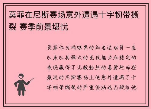 莫菲在尼斯赛场意外遭遇十字韧带撕裂 赛季前景堪忧
