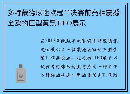 多特蒙德球迷欧冠半决赛前亮相震撼全欧的巨型黄黑TIFO展示